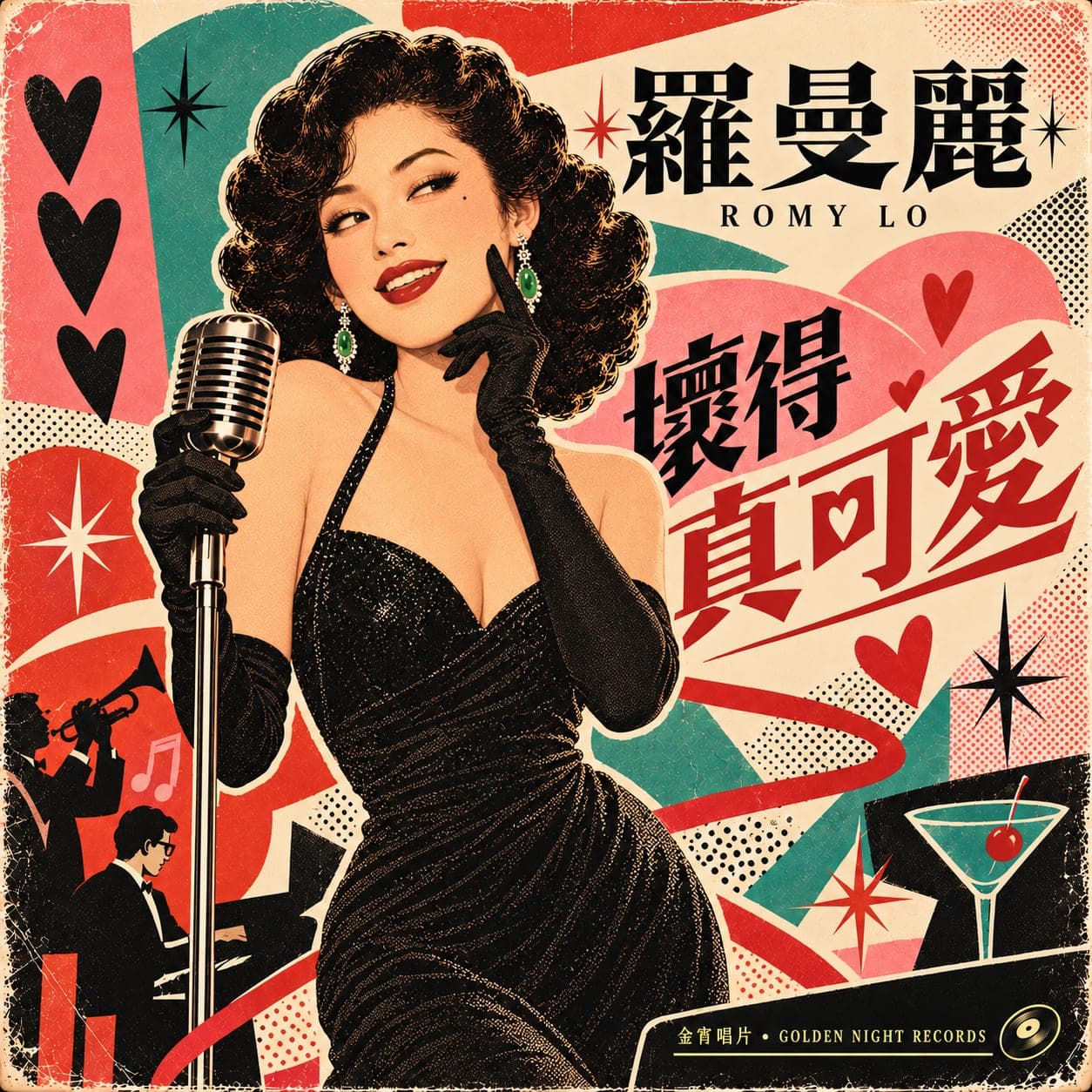 《壞得真可愛》封面,Romy Lo 羅曼麗穿黑禮服,戴著長手套站在麥克風前。