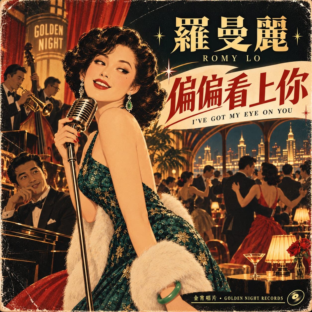 《偏偏看上你》封面,Romy Lo 羅曼麗在夜色舞廳裡拿著麥克風。
