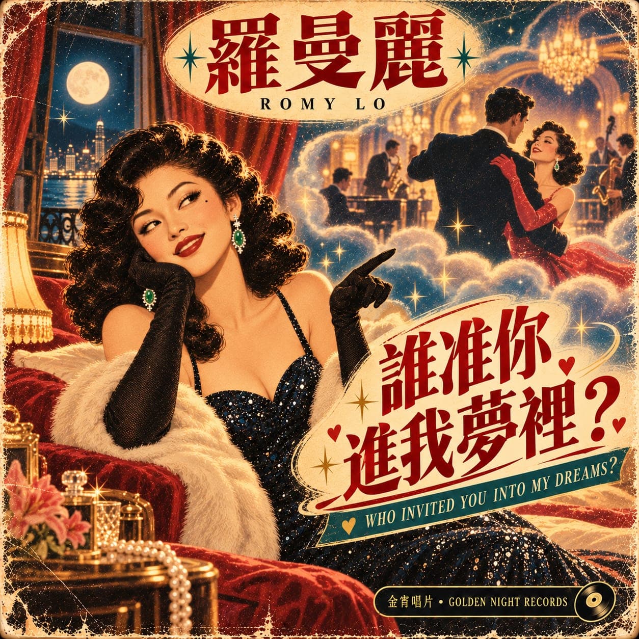 《誰准你進我夢裡?》封面,Romy Lo 羅曼麗在月夜窗邊,指向雲上的舞池。